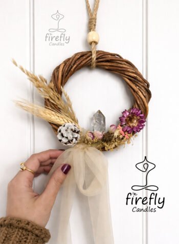 Earth Spirit Wreath with clear quartz – Boho Natural Wall Hanging